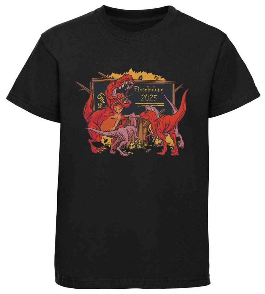 Bedrucktes Kinder T-Shirt Dino Einschulung 2023 brüllender T-Rex als Lehrer i38